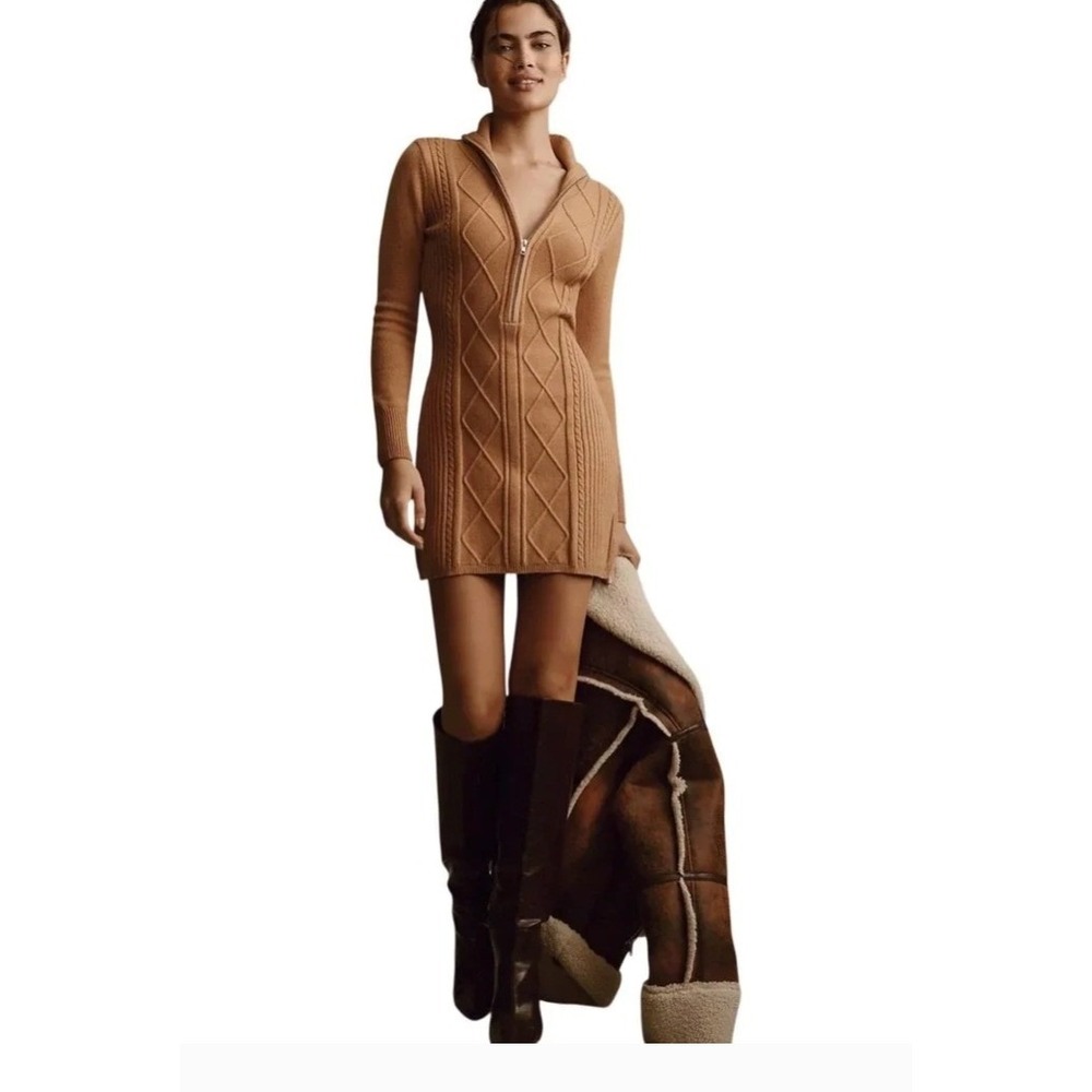 Greylin Tan Cable Knit Quarter Zip Sweater Dress Mock Neck Ribbed Mini Dress L